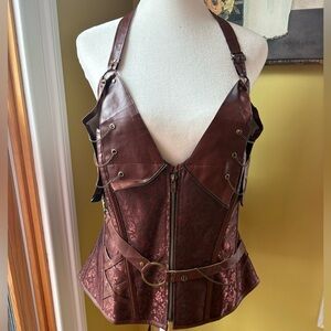Womens Medium Brown Overbust Corset Top Steampunk Halter Buckle Gothic Size 4XL